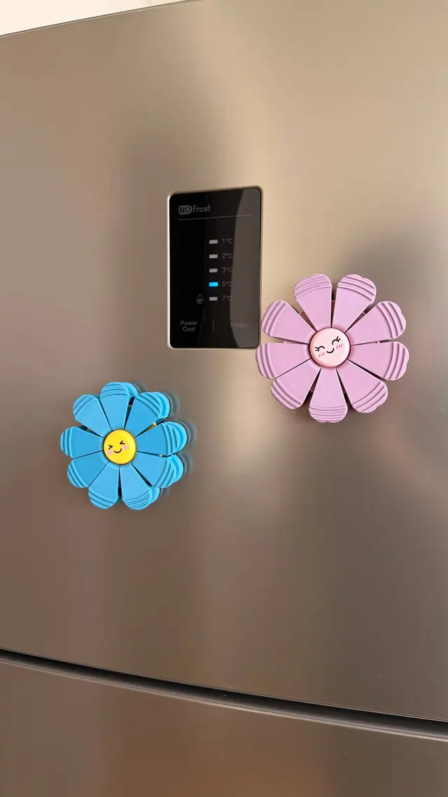 Due fiori magnetici attaccati alla porta di un frigorifero